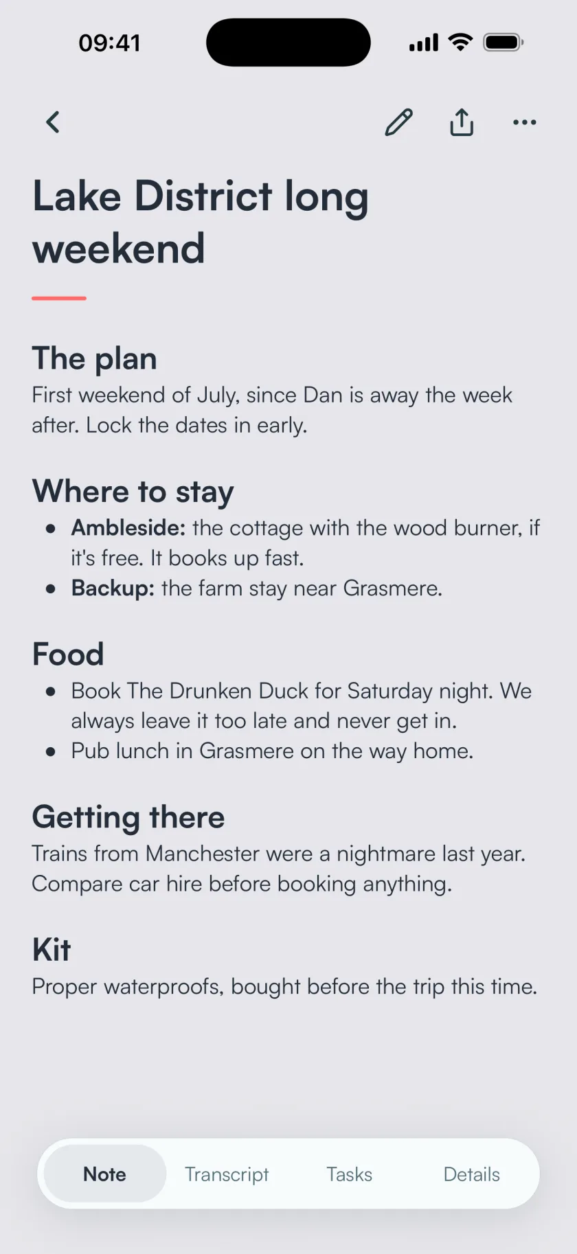 A BrainFlow note titled Lake District long weekend, with sections for the plan, where to stay, food, getting there and kit.