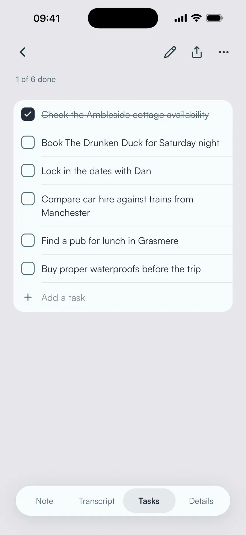The Tasks tab of the same note, with six tasks and the first one ticked off.